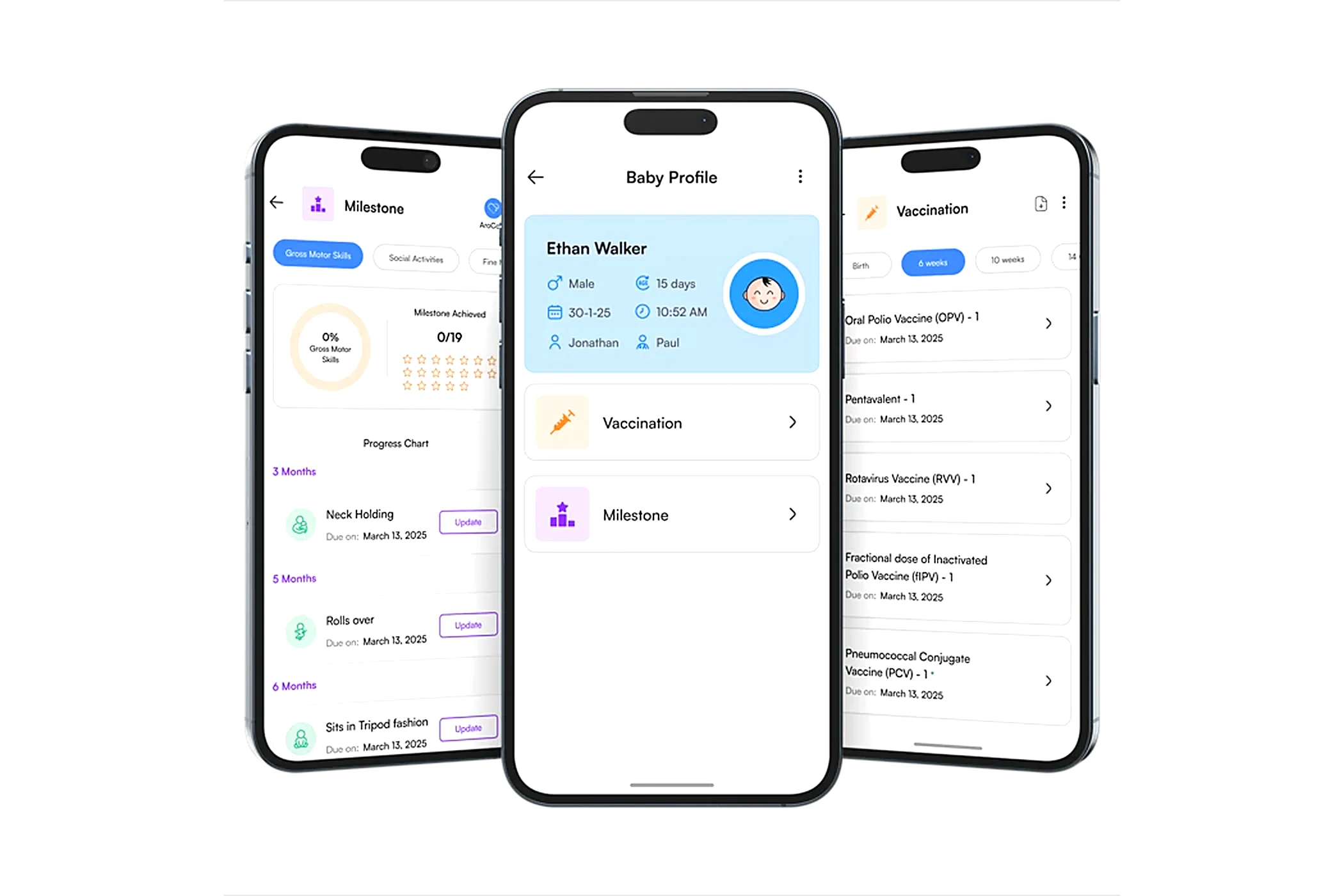 Official AroCord app screens for baby profiles, growth, milestones and vaccinations