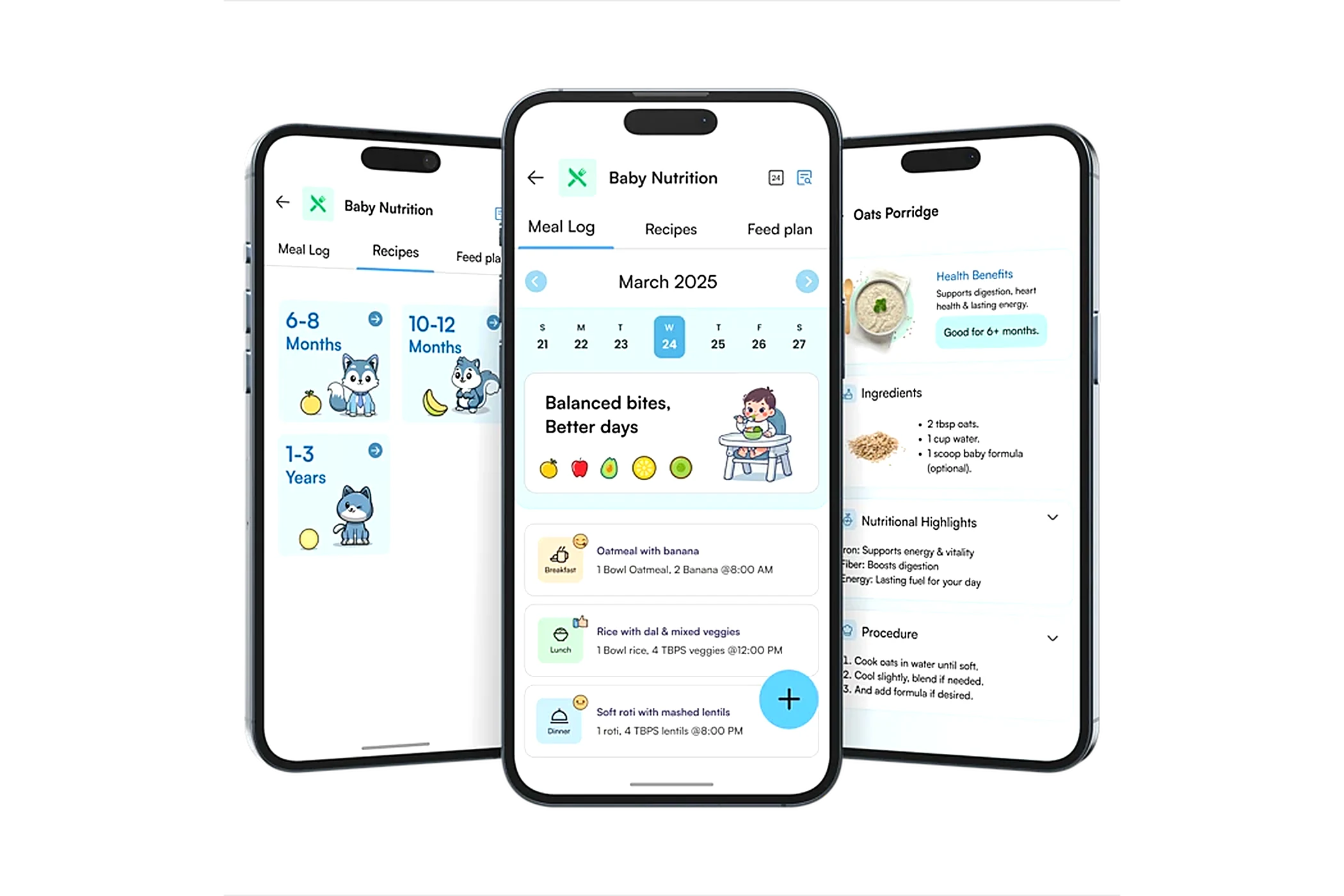 Official AroCord app screens for baby nutrition, meal planning and food suggestions