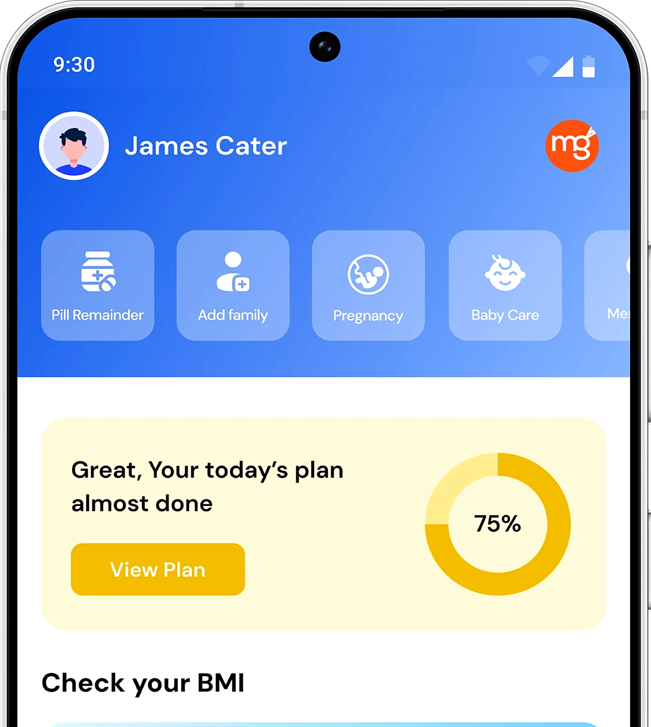 Official AroCord app home screen with pill reminders, family profiles, pregnancy, baby care and BMI tracking