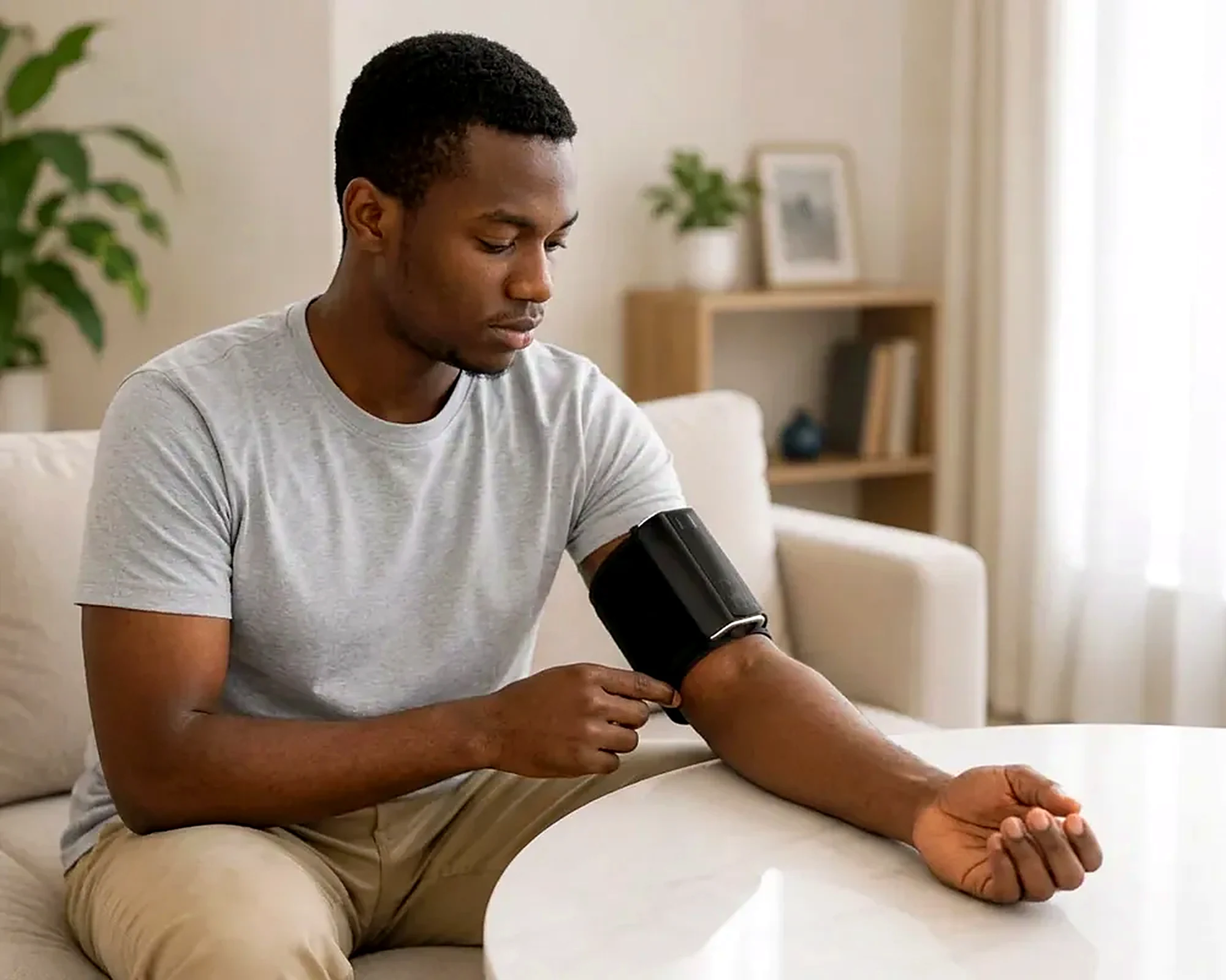 A young man checks his vitals at home