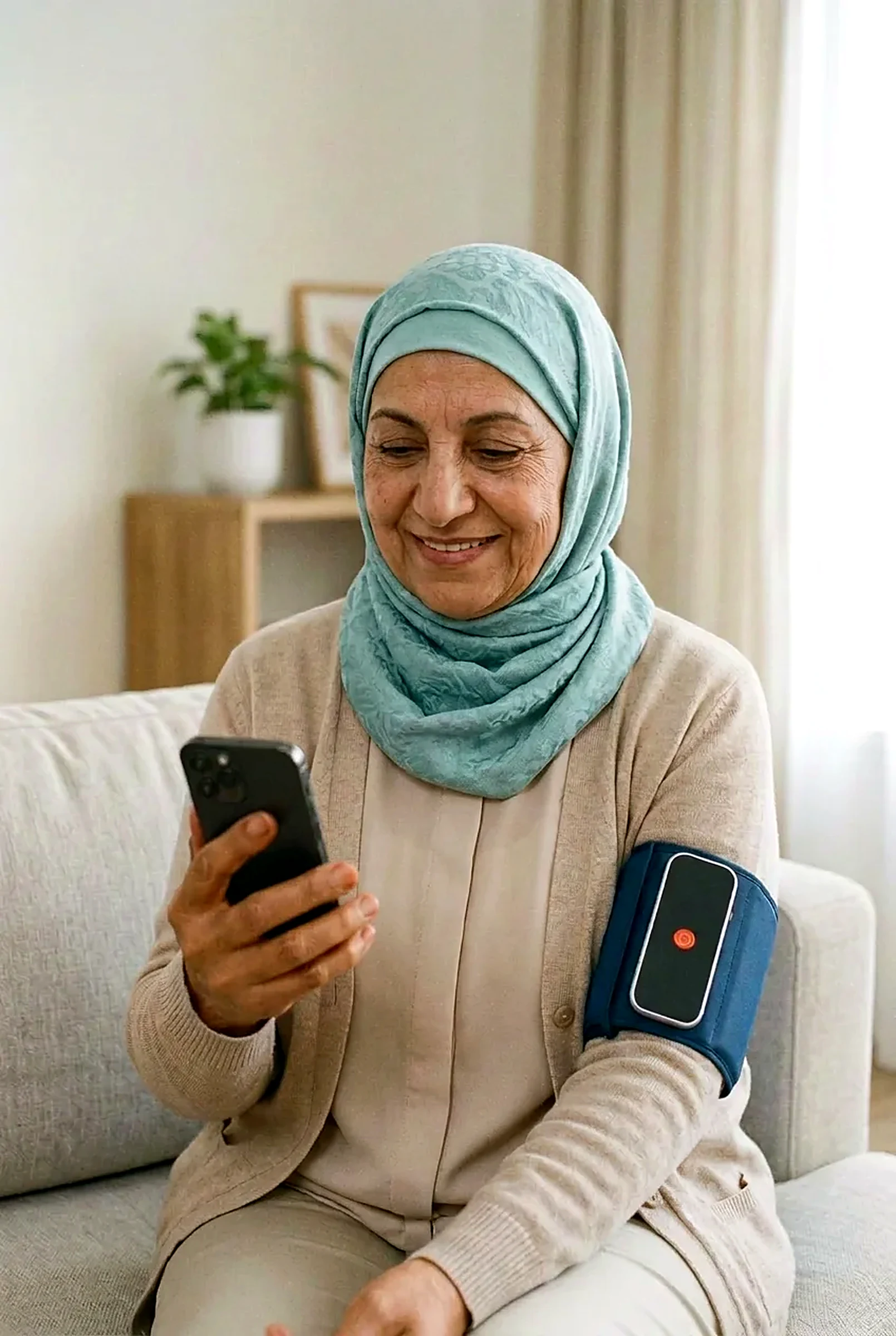 An older woman at home looks at her phone while wearing VitalWeave