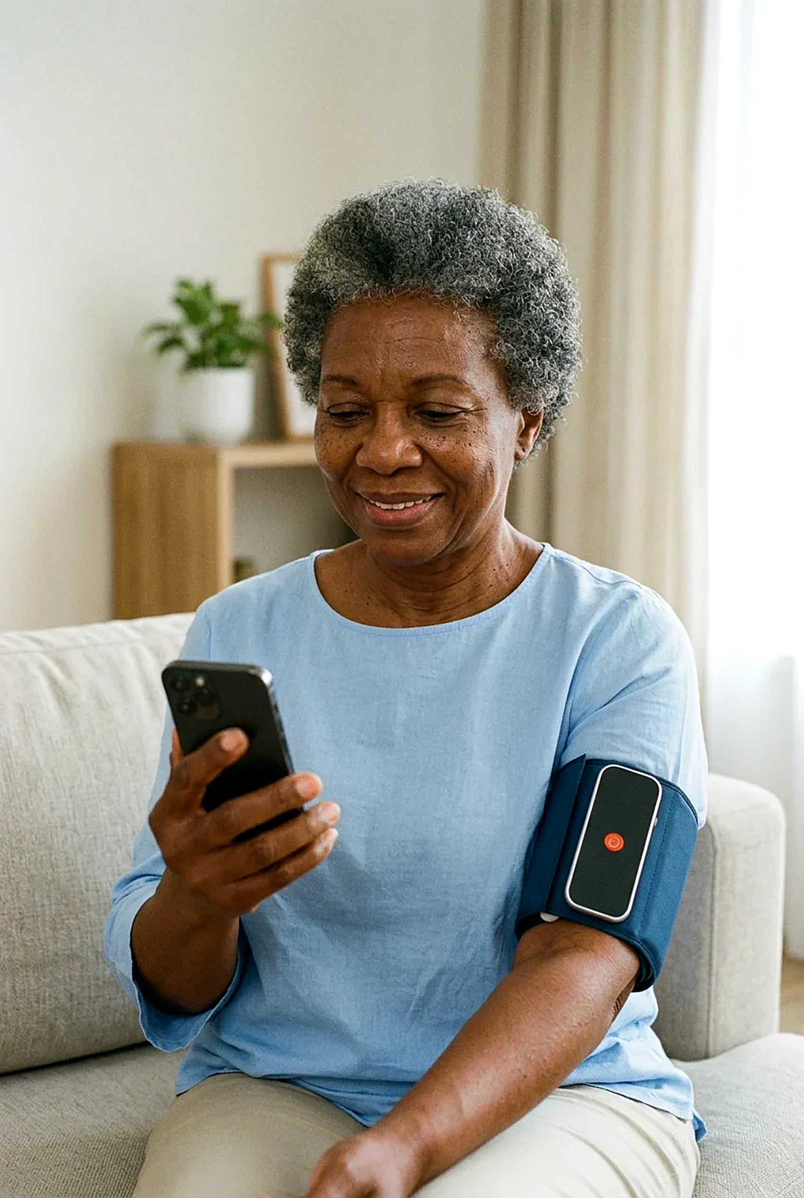 An older woman at home smiles at her phone while wearing VitalWeave