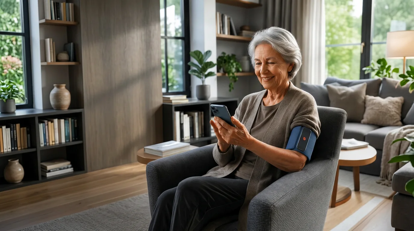 A smiling older woman at home checks her phone while wearing the VitalWeave band on her arm