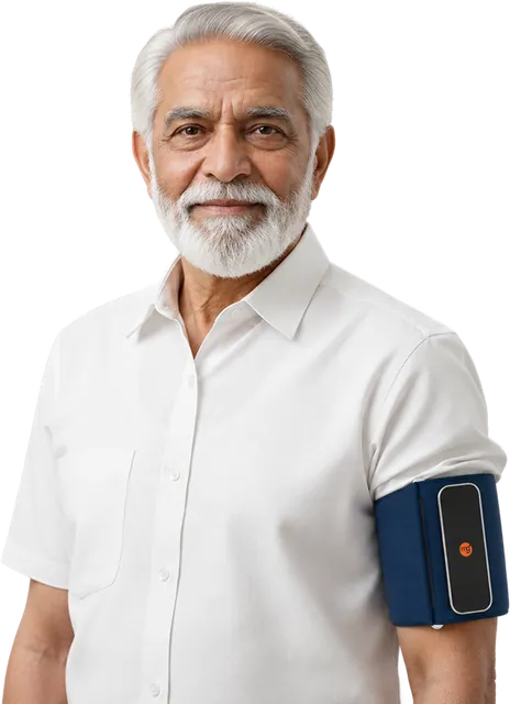 An older man wearing the VitalWeave band