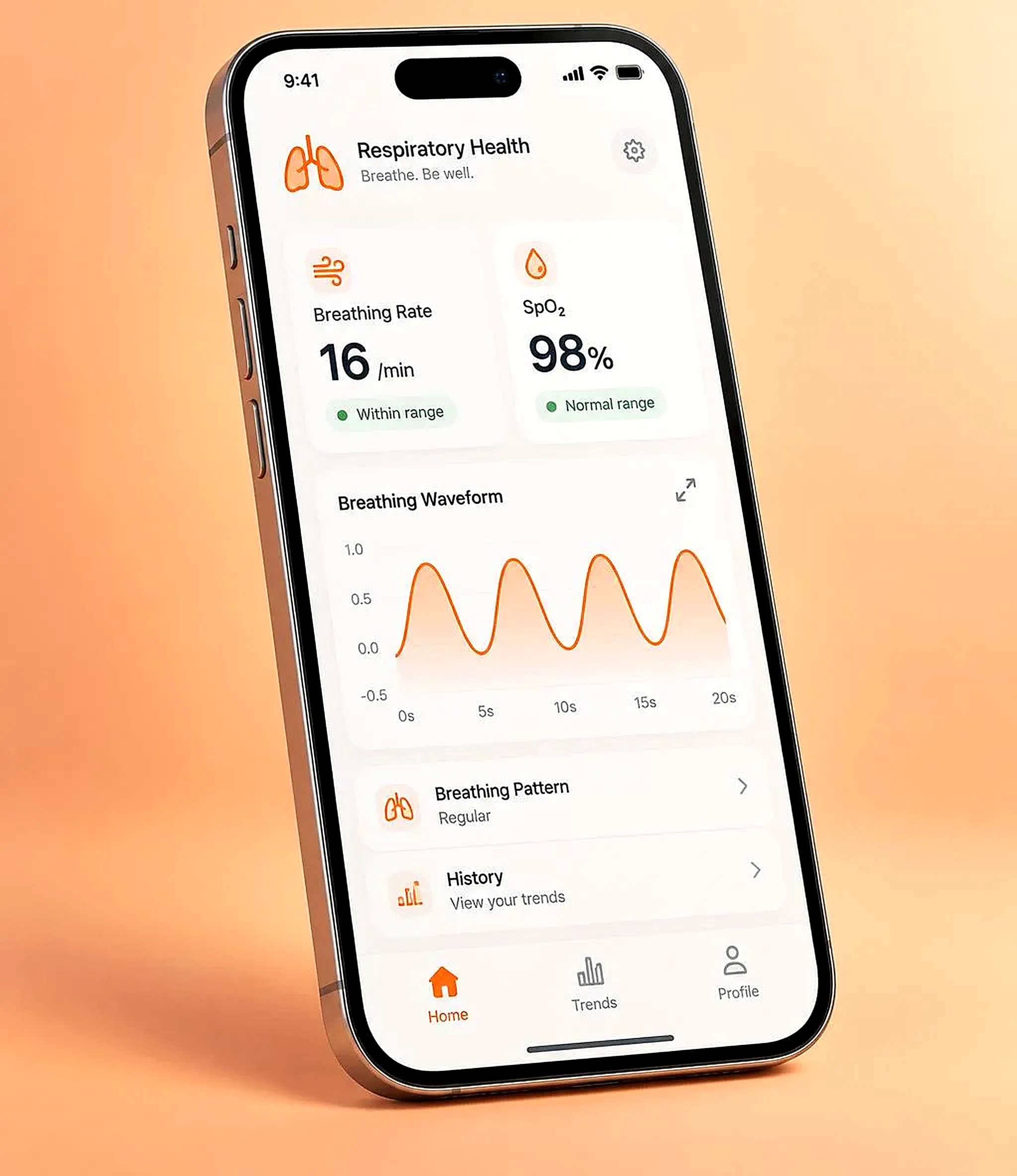 PulmoSens app on a smartphone showing breathing rate, SpO₂ and a live breathing waveform