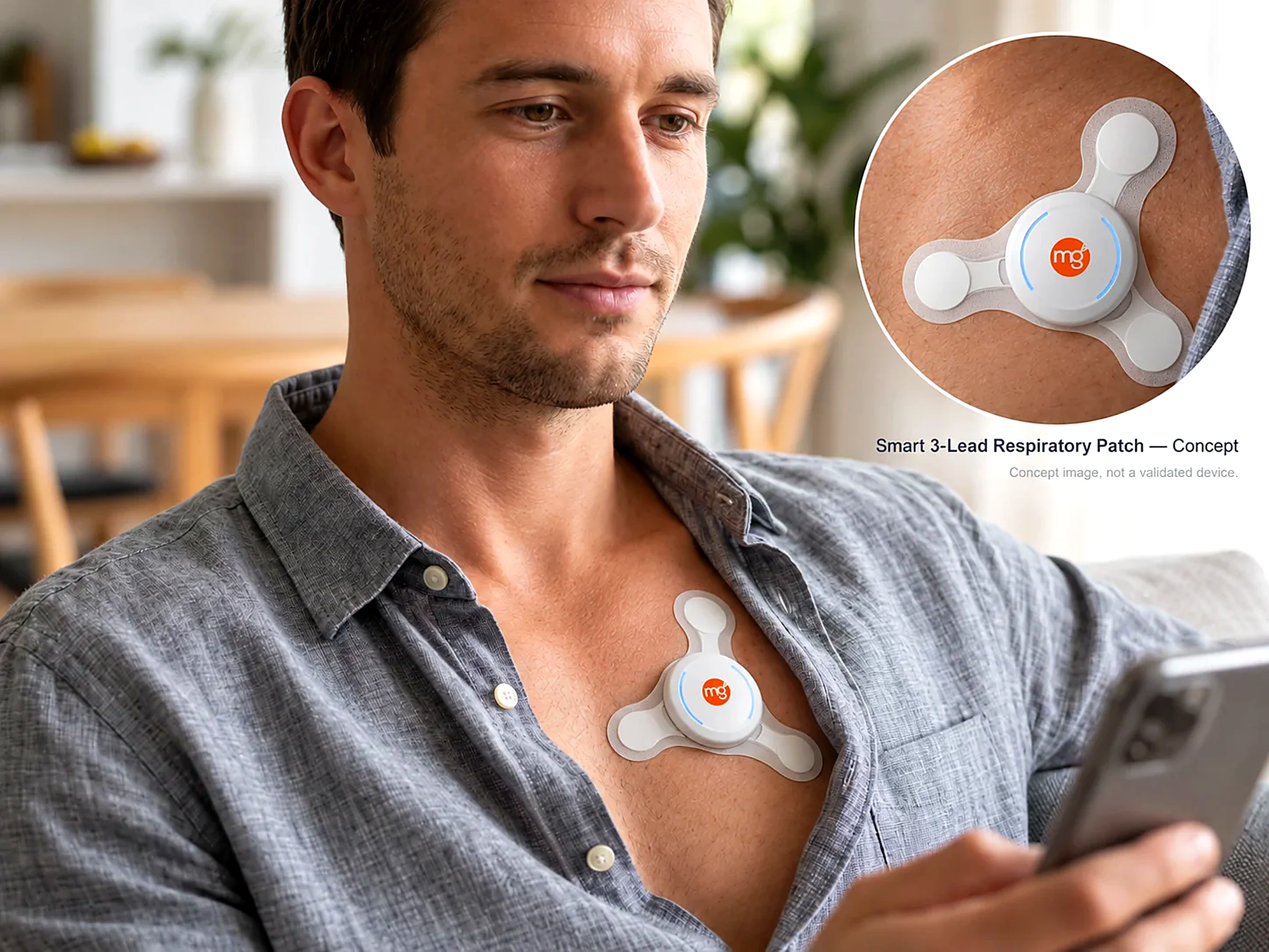 A man at home checks his phone while wearing the PulmoSens chest patch, with a close-up of the sensor