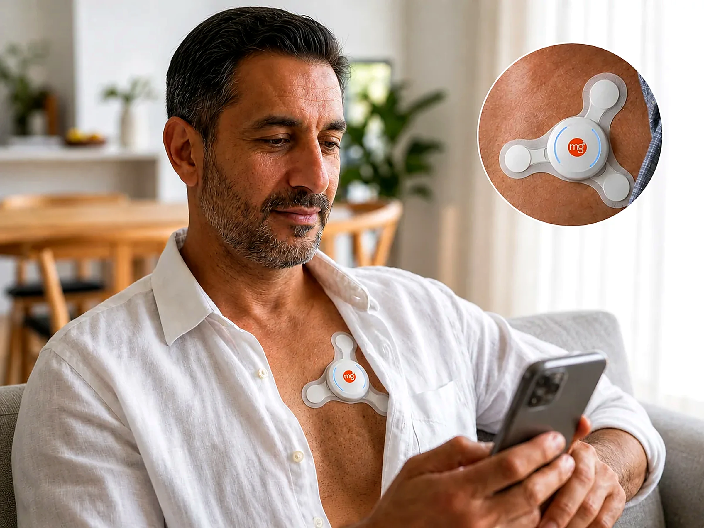A man at home wearing the PulmoSens chest sensor and checking his phone
