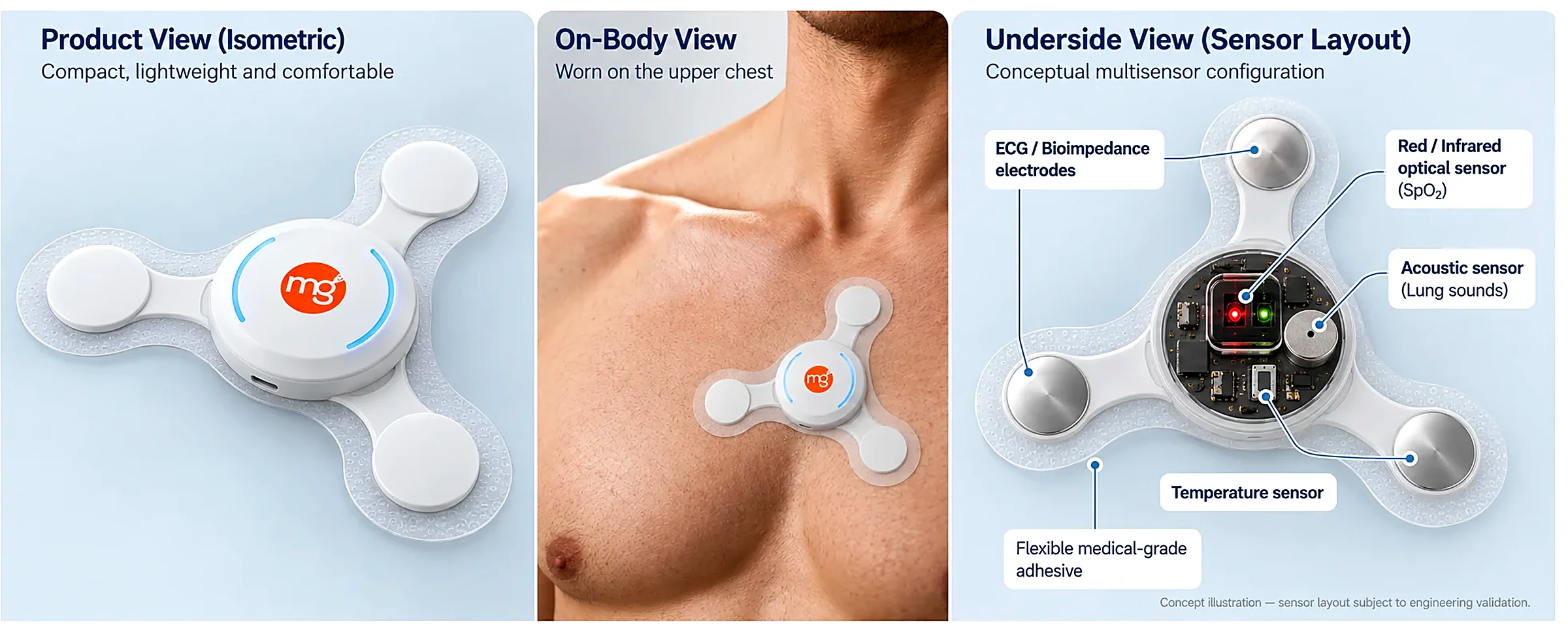 PulmoSens sensor from three angles: product view, worn on the upper chest, and underside sensor layout