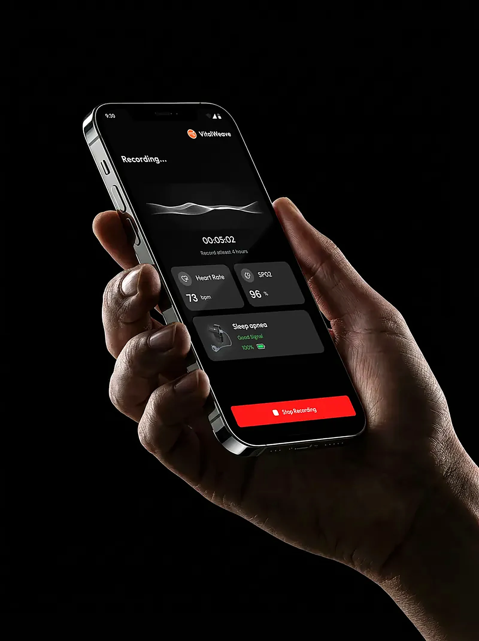 A hand holding a phone showing a VitalWeave Sleep recording