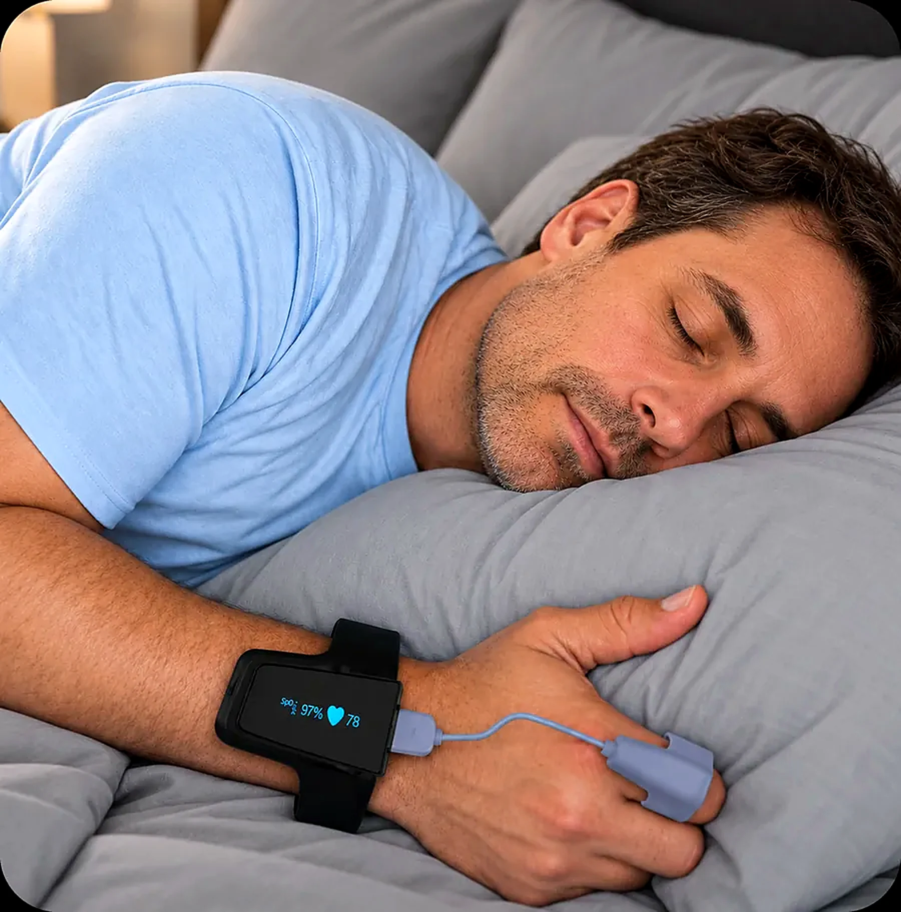 A man sleeping on his side wearing VitalWeave Sleep