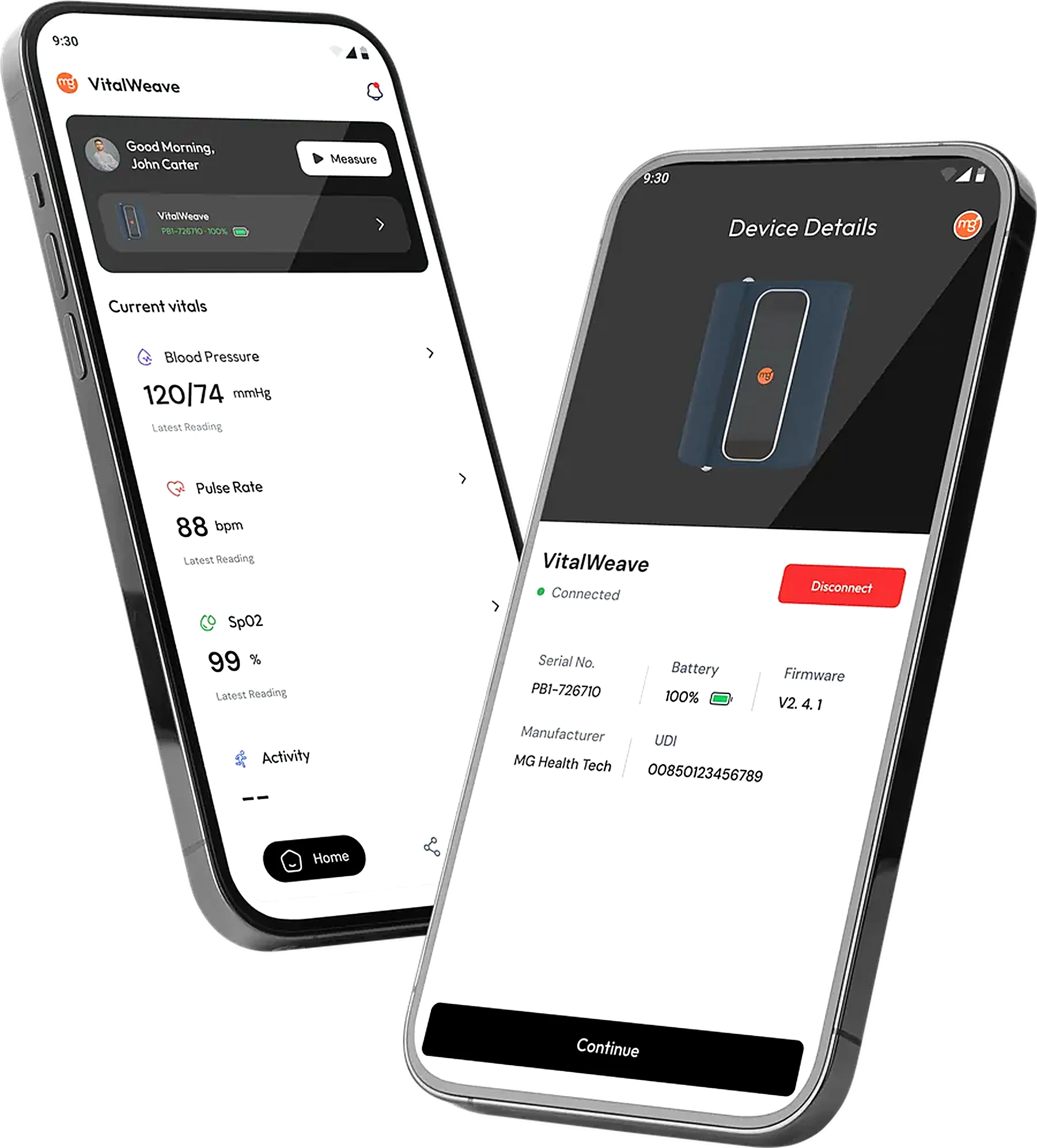 The VitalWeave app showing current vitals and device details