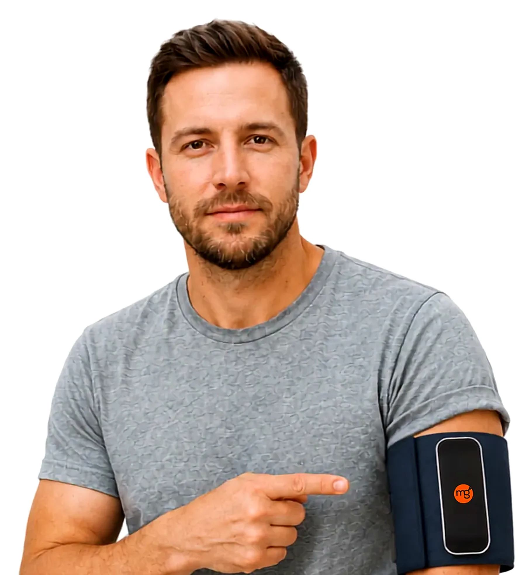 A man points to the VitalWeave band on his upper arm